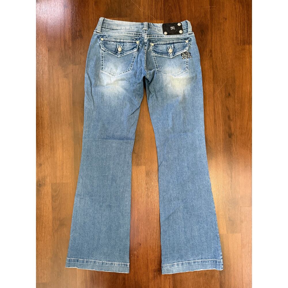 Miss Me Y2K Wide Leg Jeans Low Rise Embellished Rhinestone Flap Pockets Sz 28 - Picture 2 of 8